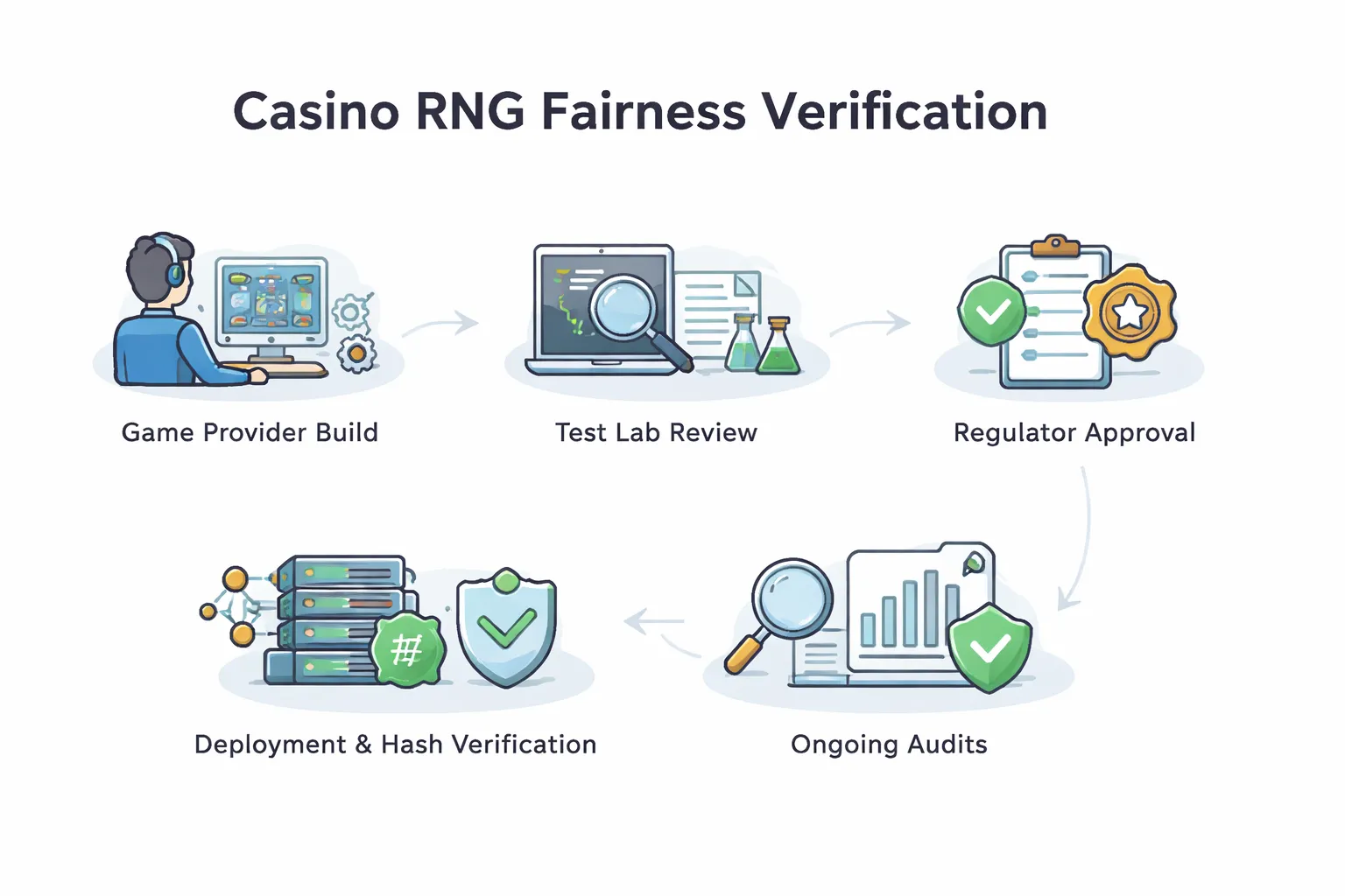 RNG testing, certification, and regulation (how fairness is verified)